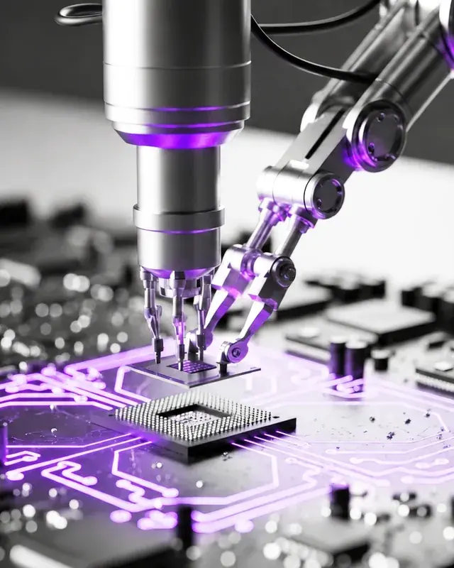 Roboterarm bei der Pr&auml;zisionsmontage einer Leiterplatte als Sinnbild f&uuml;r automatisierte Workflow-Orchestrierung