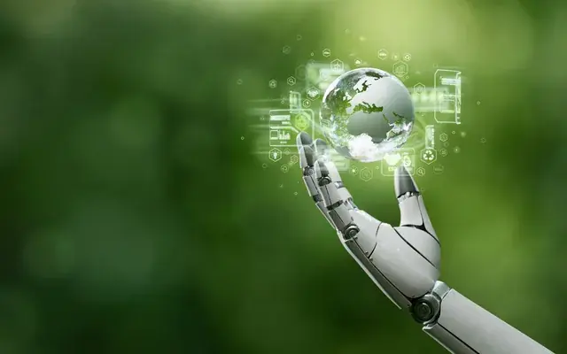 Roboterhand h&auml;lt eine digitale Weltkugel mit Business-Icons als Sinnbild f&uuml;r KI-gest&uuml;tzte digitale Erfahrungen