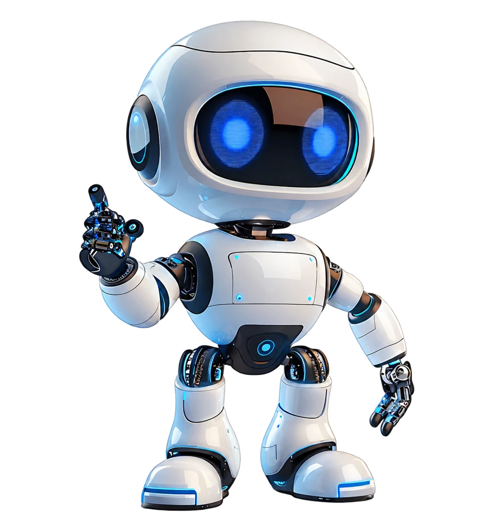 Freundlicher weißer Roboter mit blauen Augen als Sinnbild für KI im Vertrieb und Marketing