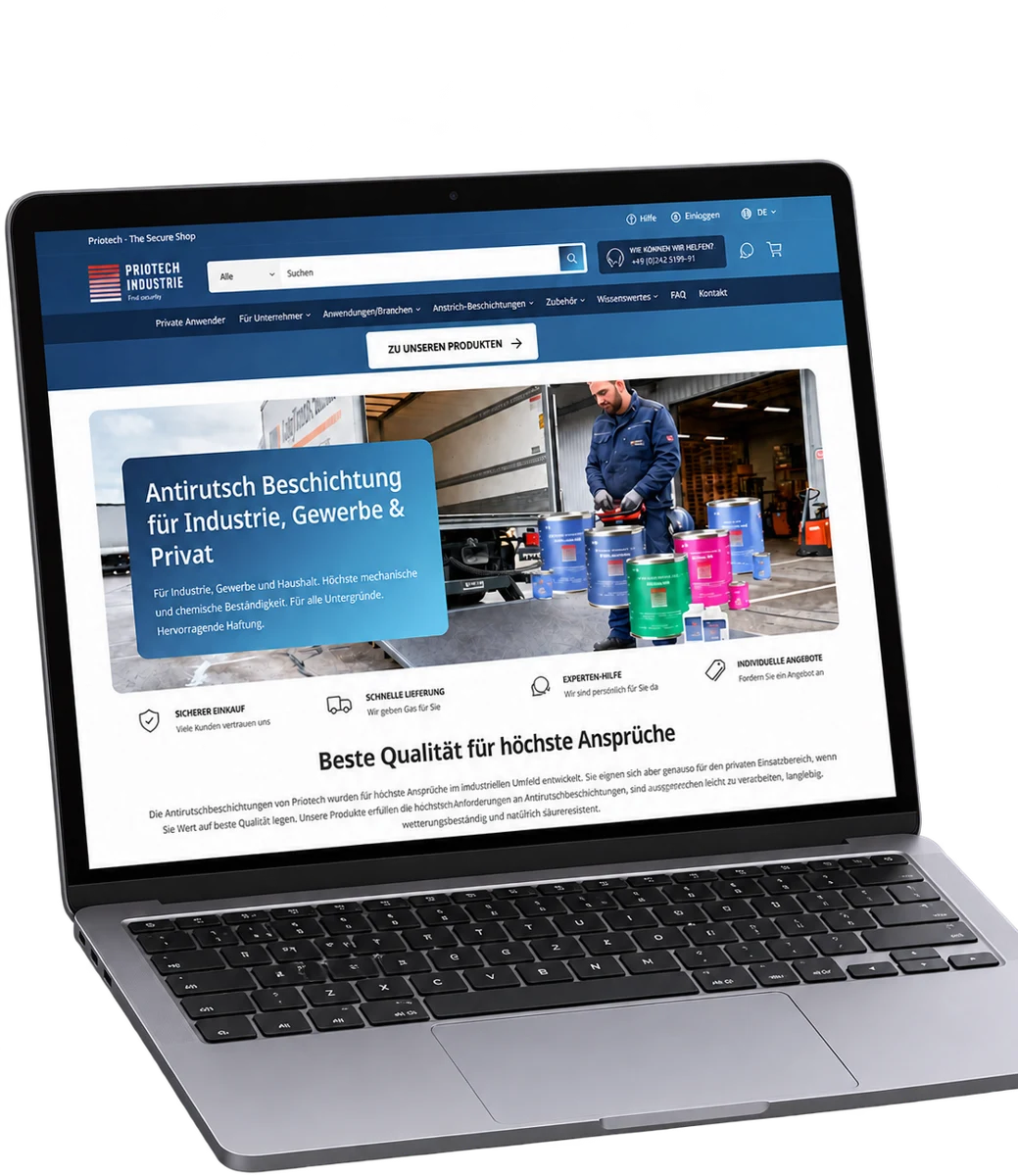 Online-Shop von Priotech Industrie auf dem Laptop