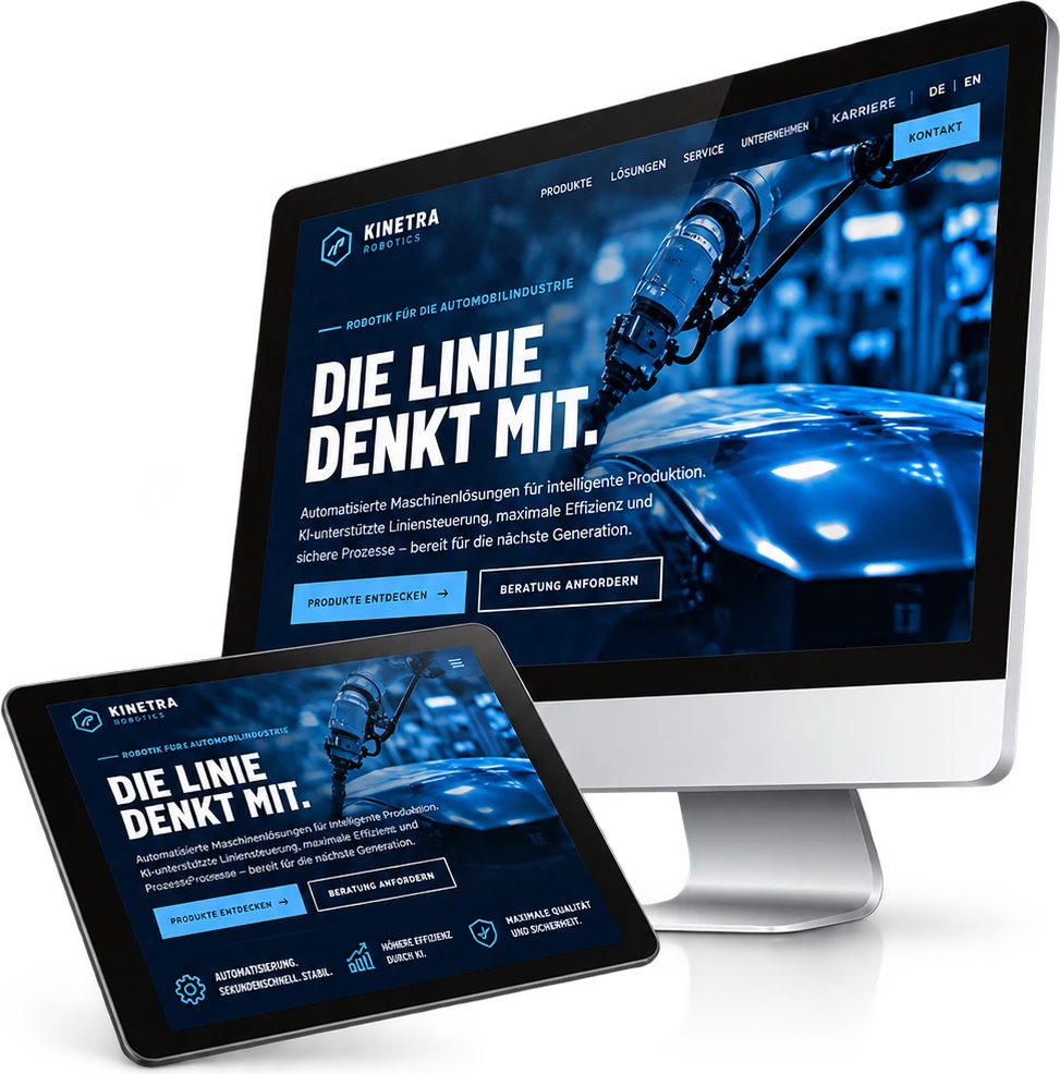 Website eines Industrieroboter-Herstellers auf Monitor und Tablet