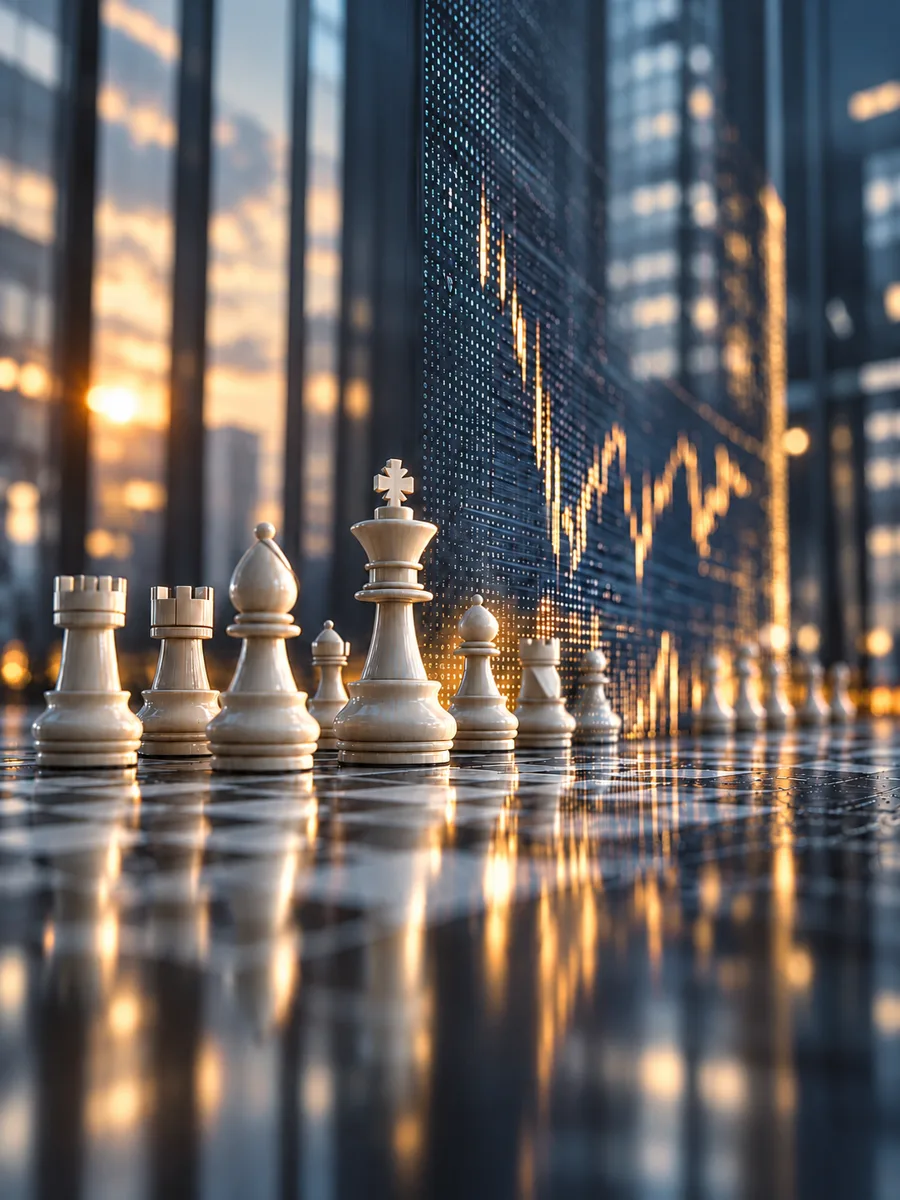 Schachfiguren vor einem Börsenchart als Sinnbild für Strategie und Maßnahmenplanung